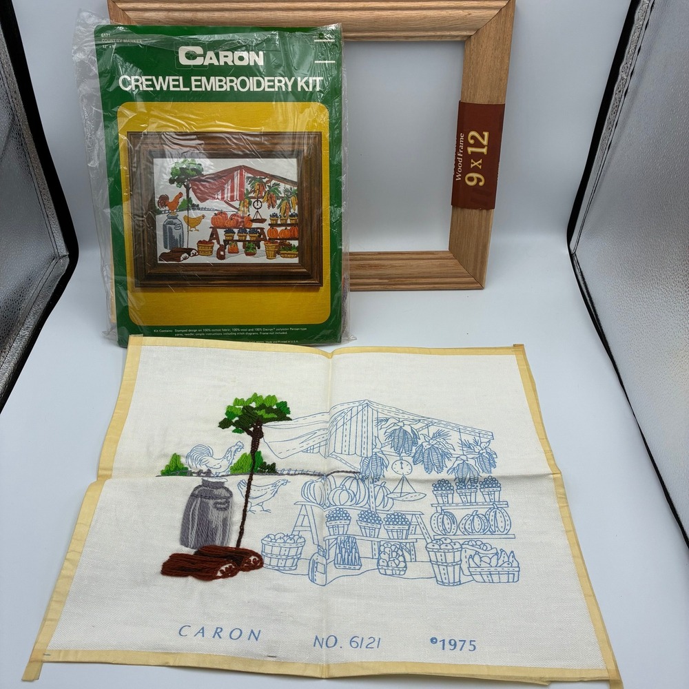 Vintage 1975 Caron Crewel Embroidery Kit Country Market 6121 Started With Frame